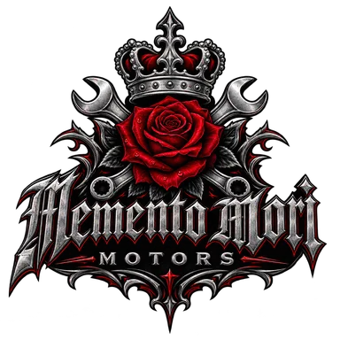 Memento Mori Motors logo: a red rose and crown over crossed wrenches